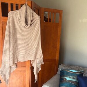 Beige Knit Poncho with Fringe